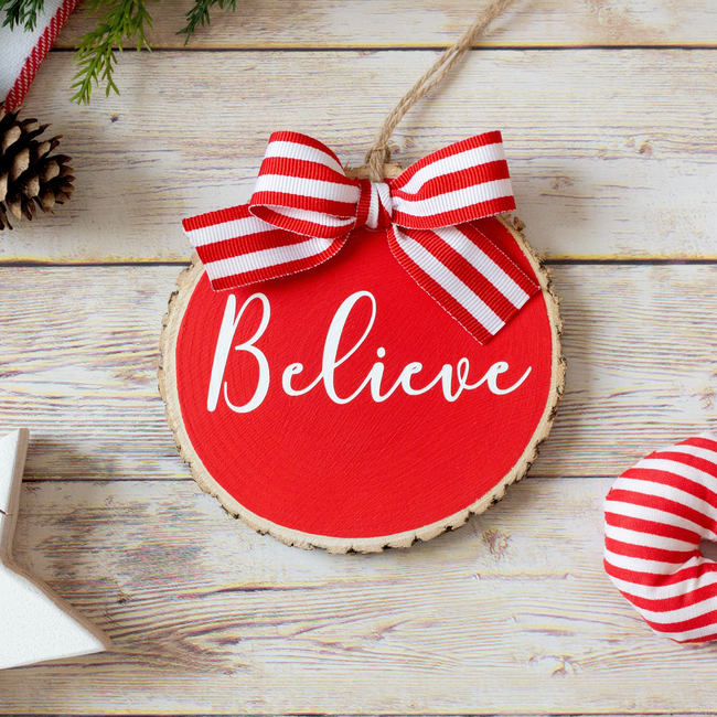 Farmhouse Christmas Ornaments Set of 3 | Red White Wood Slices - Believe Noel Joy-gallery-14606339506246