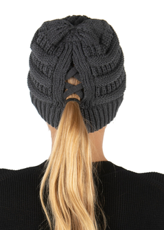 Women's Cable Knit Criss Cross Ponytail Beanie