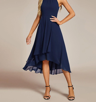 ever POSIE|Midi Halter Neck Chiffon Wedding Guest Dress with Sleeveless and A-Line
