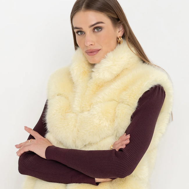 F25_RosarioFauxFurVest_Banana_AndolinaSquareNeckDress_Malbec2.webp