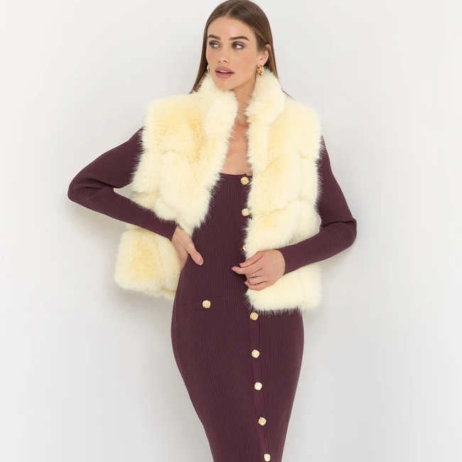 F25_RosarioFauxFurVest_Banana_AndolinaSquareNeckDress_Malbec11.webp