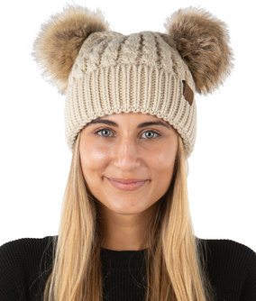 Women's Cable Knit Faux Fur Double Pom Beanie