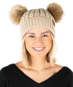 Women's Cable Knit Faux Fur Double Pom Beanie (PH6)