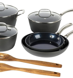 Kenmore Elite Cyrus 10 Piece Forged Aluminum Diamond Infused Ceramic Interior Cookware Set W/Kitchen Tools, Induction Base, & Cast Handles