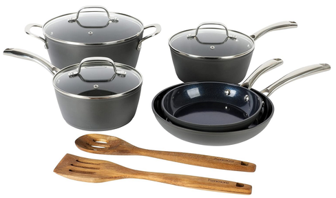 Kenmore Elite Cyrus 10 Piece Forged Aluminum Diamond Infused Ceramic Interior Cookware Set W/Kitchen Tools, Induction Base, & Cast Handles