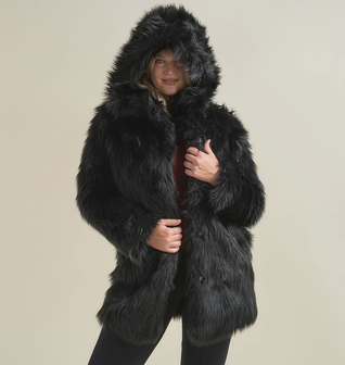 BLACK WOLF HOODED FAUX FUR COAT