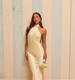 The Vivia Halter Satin Maxi Dress Yellow