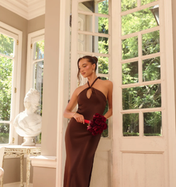 The Delilah Satin Halter Maxi Dress Chocolate Brown
