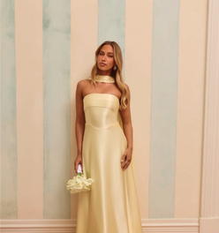 The Serina Strapless Satin Maxi Dress Yellow