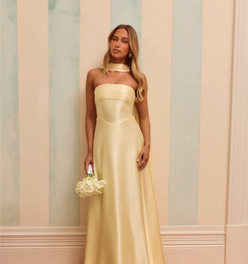 The Serina Strapless Satin Maxi Dress Yellow