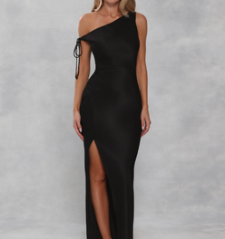 The Clover Off Shoulder Satin Maxi Dress Black
