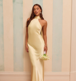 The Vivia Halter Satin Maxi Dress Yellow