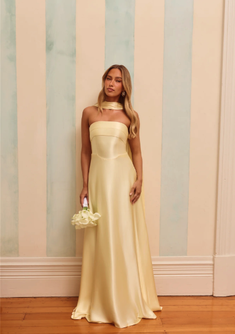 The Serina Strapless Satin Maxi Dress Yellow