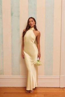 The Vivia Halter Satin Maxi Dress Yellow