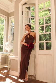 The Delilah Satin Halter Maxi Dress Chocolate Brown