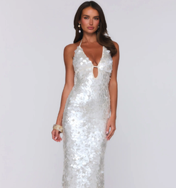 Sparkling Affair Sequin Halter Maxi Dress Ecru White