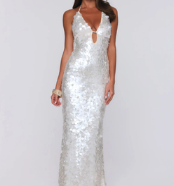 Sparkling Affair Sequin Halter Maxi Dress Ecru White