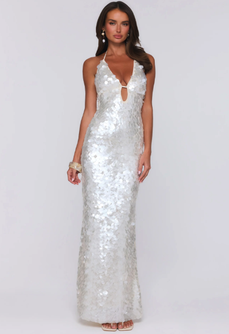 Sparkling Affair Sequin Halter Maxi Dress Ecru White