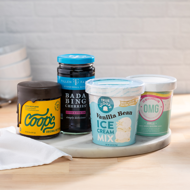 Vanilla Ice Cream Kit with Coops hot fudge, bada bing cherries, true scoops vanilla ice cream mix and OMG vanilla fluff.jpg