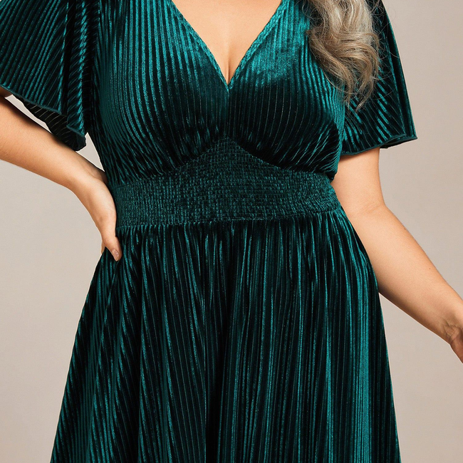 ever AZALEA|Graceful V-Neck Waist Design Short Sleeves Fall Velvet Midi Wedding Guest Dress-gallery-30251464294474