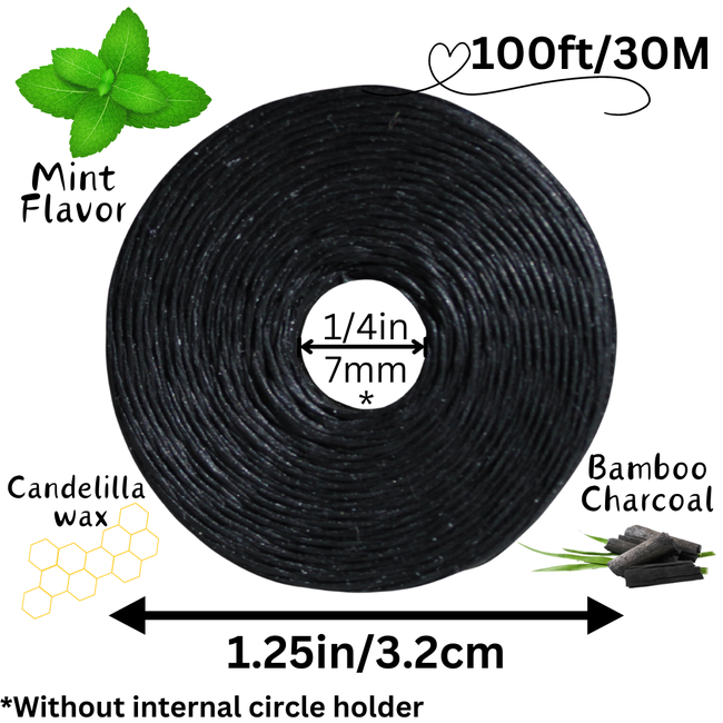 Dental Floss, Charcoal Woven Thread, Round Bamboo Holder, Mint Flavor-gallery-31410575409261