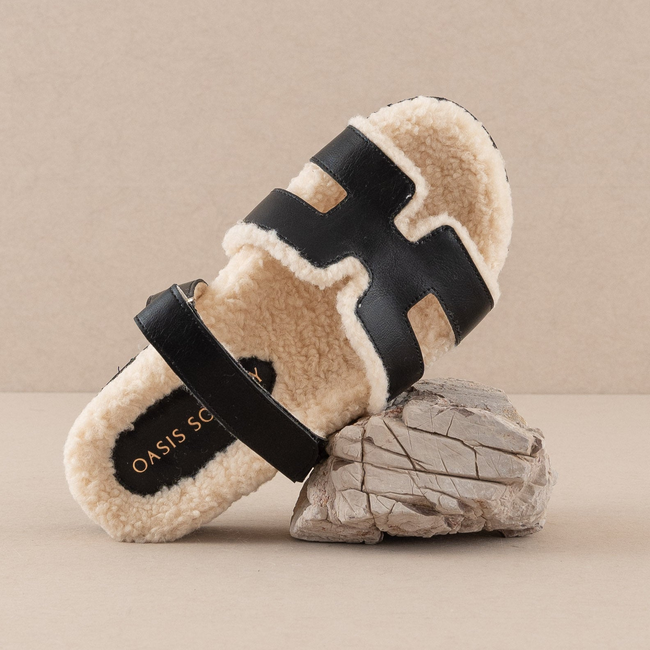 The Alpine | Black Faux Shearling Sandals-gallery-36397617742001