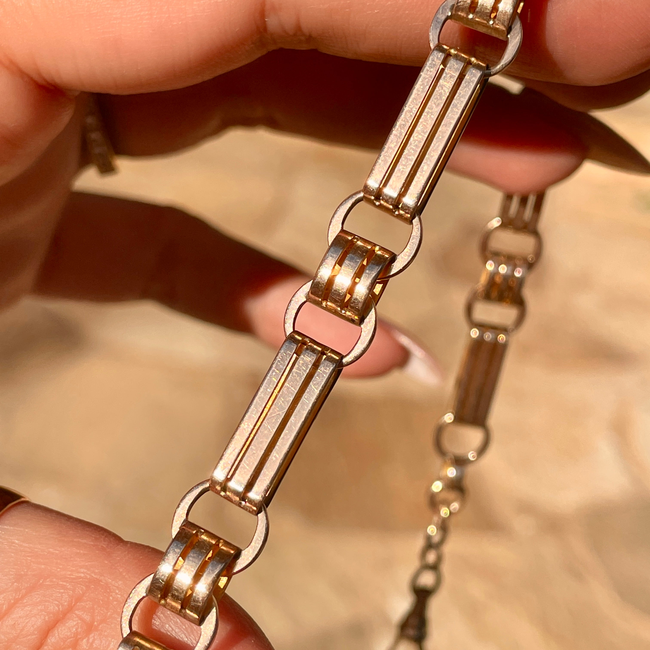 Antique rosy yellow 10K wide bar link watch chain, 16 inch-gallery-49155663954235