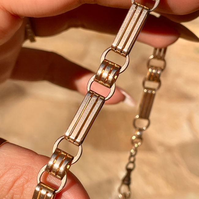 Antique rosy yellow 10K wide bar link watch chain, 16 inch-gallery-49155663954235