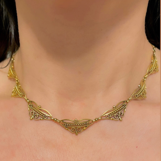 Antique yellow 18K French ornate scrolled link collar necklace, 15.5 inch-gallery-54303253594427