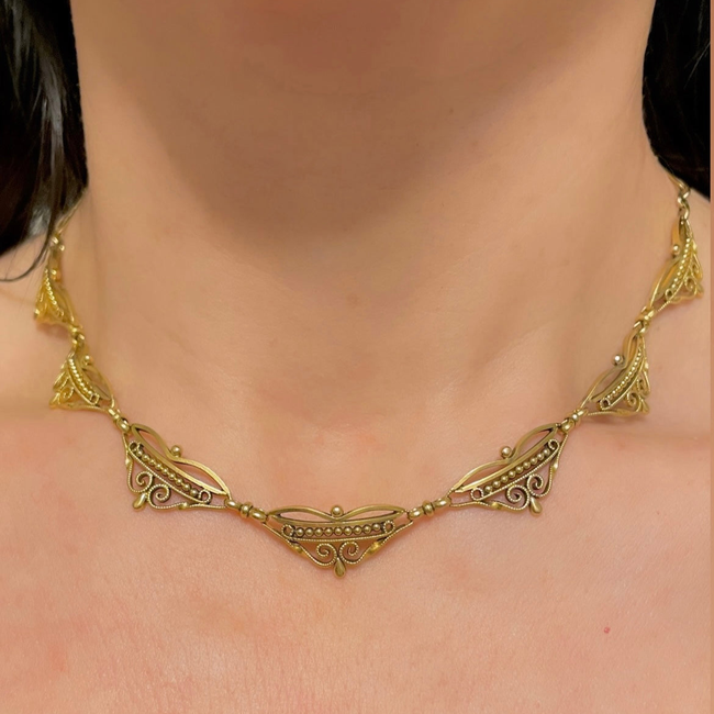 Antique yellow 18K French ornate scrolled link collar necklace, 15.5 inch-gallery-54303253594427