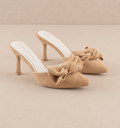 The Jane | Sand Pointed Toe Bow Accent Kitten Heel