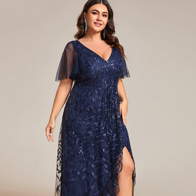 pretty ALIX|Plus Size Short Sleeves Sequin High Low V-Neck Midi Formal Evening Dress-gallery-30613783838794
