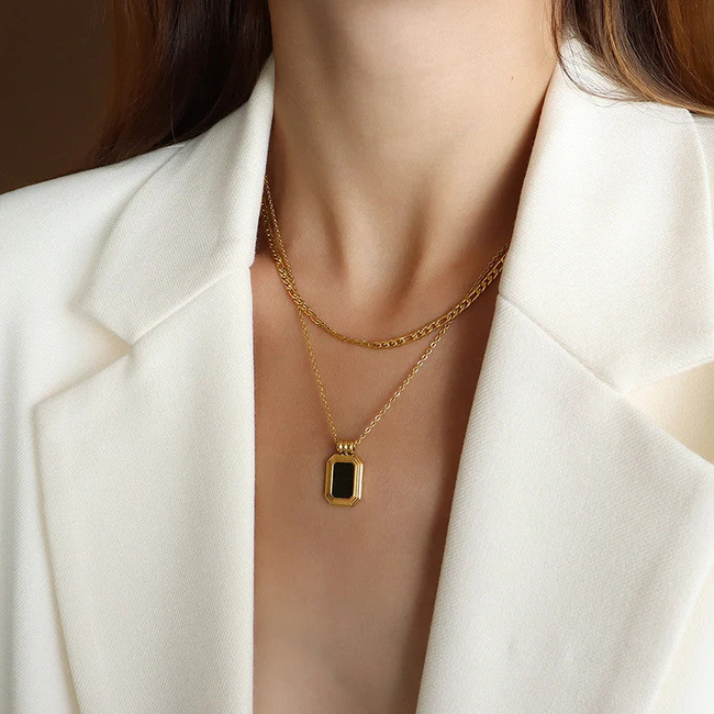 Zara Black Drop Layered Gold Pendant-gallery-42474231955706