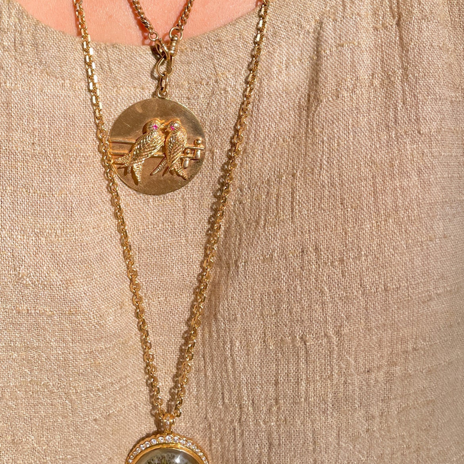 Amazing antique 18K reverse painted Peacock crystal with .7 ctw diamond crescent-gallery-49191952974139