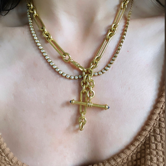 Antique yellow 18K solid trombone link watch chain with sapphire T bar, 19 inch-gallery-55160482857275