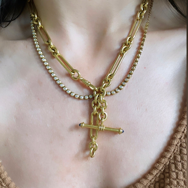 Antique yellow 18K solid trombone link watch chain with sapphire T bar, 19 inch-gallery-55160482857275