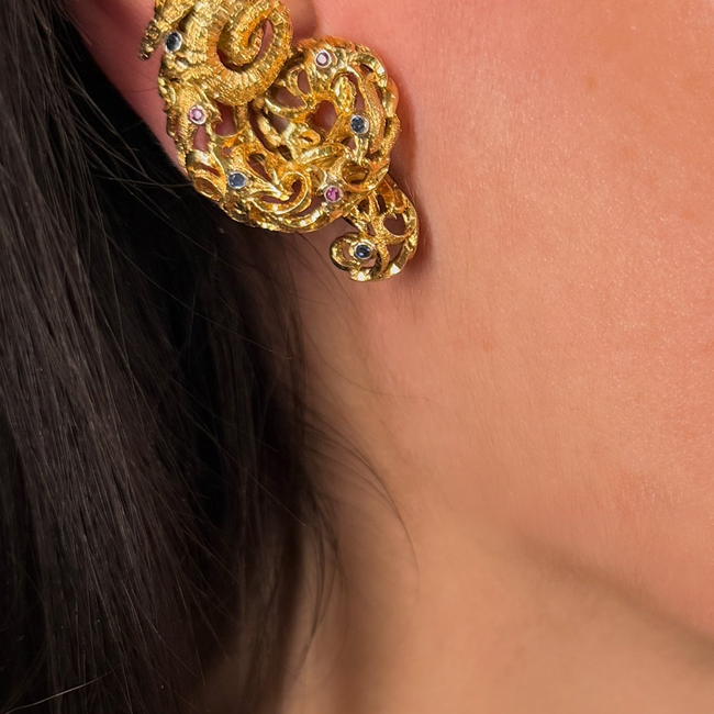 Vintage circa 1960s yellow 18K approx .6ctw sapphire and ruby ram clip statement earrings-gallery-56906653040955