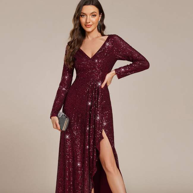 ever SYREN|Sequin Long Sleeve V-neck Asymmetrical Hem Evening Dress-gallery-34466379530314
