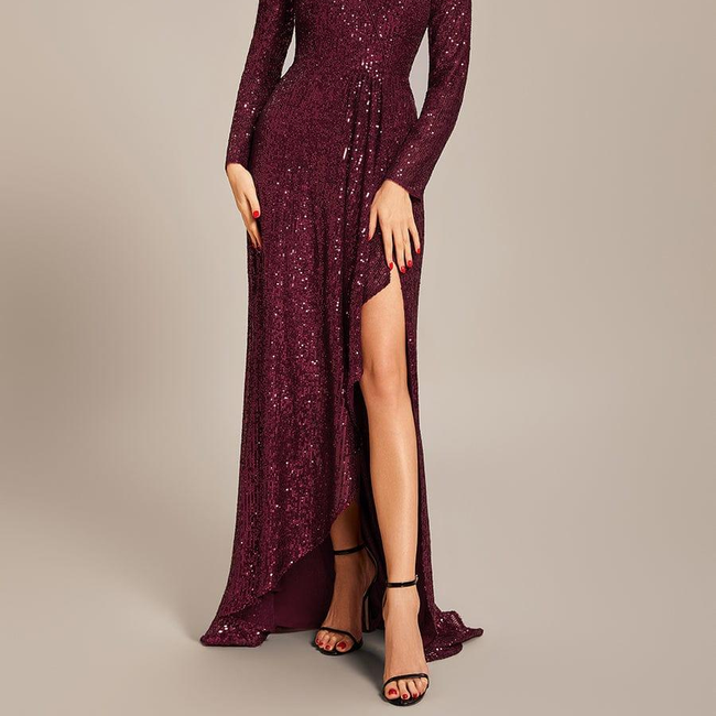 ever SYREN|Sequin Long Sleeve V-neck Asymmetrical Hem Evening Dress-gallery-29791624757322