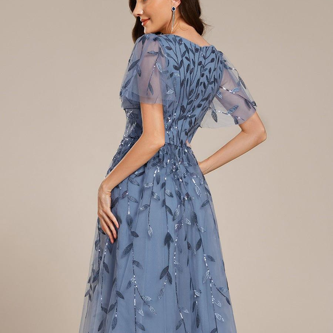 ever SIMONE|Short Sleeves Leaf Sequin A-Line Midi Formal Wedding Guest Dress-gallery-32570562904138