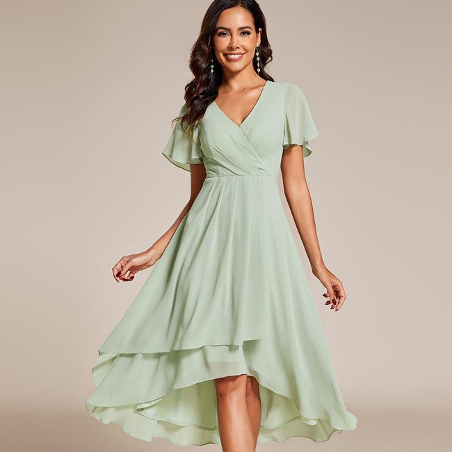ever LARK|Ruffles Sleeve Pleated V-Neck A-Line Midi Chiffon Wedding Guest Dress-gallery-31451643379786