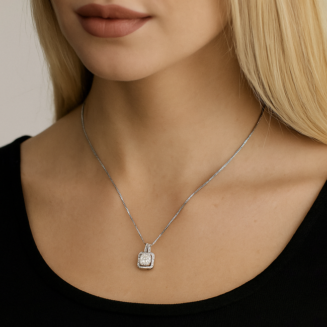 Two Carat Halo Cubic Zirconia Pendant Necklace-gallery-31397436457018
