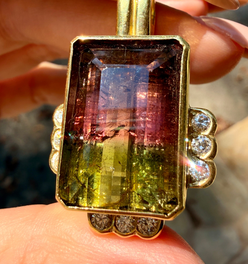 Vintage set of yellow 18K ribbed .63 ctw diamond and 36ctw bicolor tourmaline earrings and enhancer 