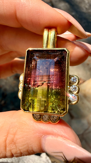 Vintage set of yellow 18K ribbed .63 ctw diamond and 36ctw bicolor tourmaline earrings and enhancer 