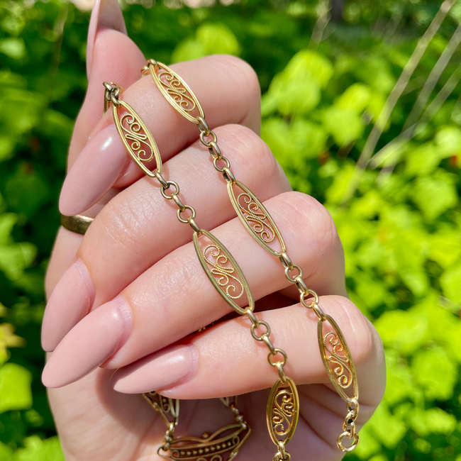 Antique yellow 18K French ornate scrolled link collar necklace, 15.5 inch-gallery-54305263845691