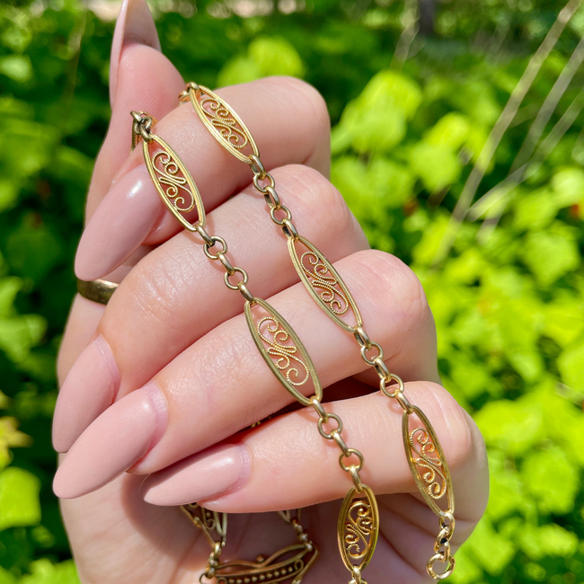 Antique yellow 18K French ornate scrolled link collar necklace, 15.5 inch-gallery-54305263845691