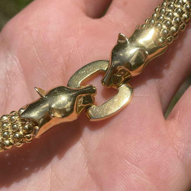 Vintage yellow 18K Riccardo Masella designer Panther clasp bead link collar necklace, 16 inch-gallery-54226768625979