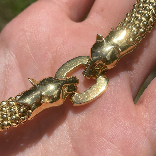 Vintage yellow 18K Riccardo Masella designer Panther clasp bead link collar necklace, 16 inch-gallery-54226768625979