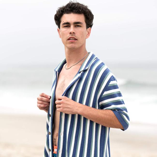 Hand-Woven Button-Up Shirt | Organic Cashmere Cotton Blend | Midnight Blue, Sage & Cream-gallery-40467456688285