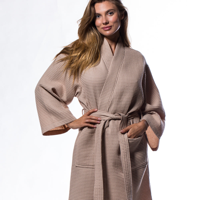 Waffle Kimono Taupe Long Robe Square Pattern-gallery-46194468552963
